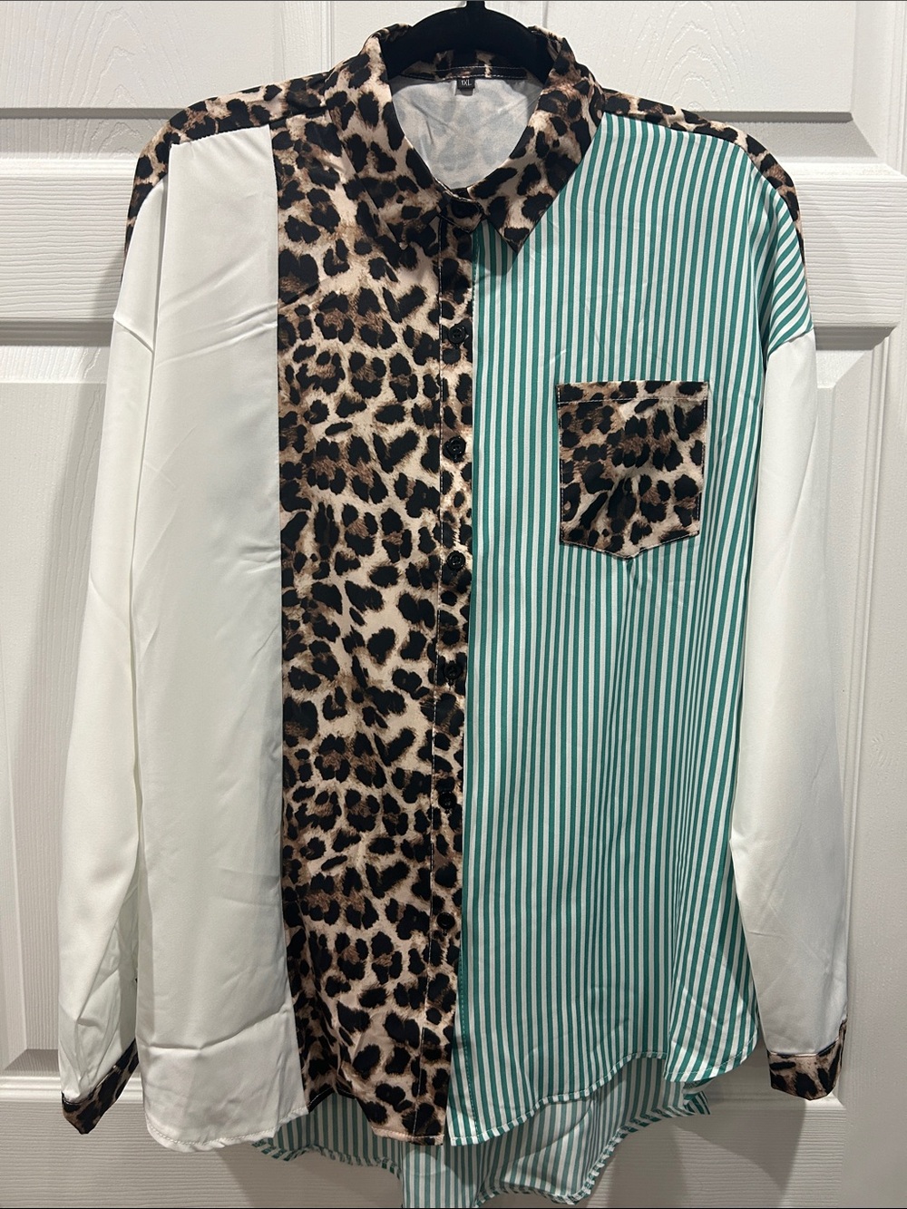 NWOT Mixed-Pattern Button-Up Shirt - White, Leopard & Teal Stripe